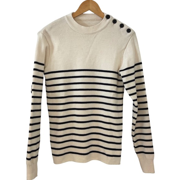 Striped Wool Knit Sweater Cream Black Nautical Breton Buttons Shoulder Womens - Picture 1 of 6